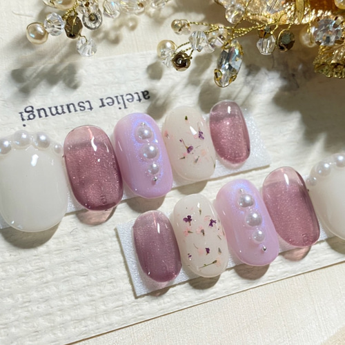 シアー×ツヤ♡上品パープルネイル＊ドライフラワー/ ネイル