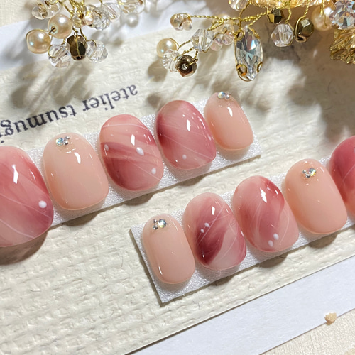 現品 ネイルチップ＊ニュアンス上品ピンク/ベリーショート ネイル