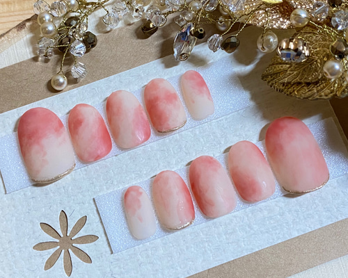 ニュアンスネイル 桃 マーブル ぷっくり 春 ネイルチップ ハンドメイド 上品桃ネイル✳︎シンプル/マット/秋ネイル ネイルチップ（つけ爪