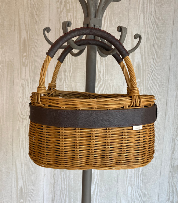 ブラウン かごバッグ 内袋付き 長方形型かごバック 内袋付かごバック カゴバッグ ブラウンベルト