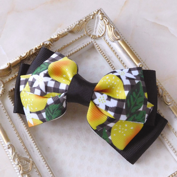 レモンとチェック柄＊リボンバレッタ バレッタ fraise croustillante  