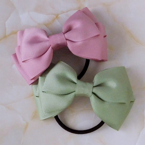 ダブルリボン ヘアゴム ♡スモーキーピンク×スモーキーピンク♡