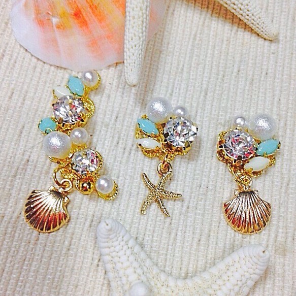 イヤーカフ 貝殻 ハンドメイド ビジュー 人気 ピアス風 ♡ ❤︎ ❤︎