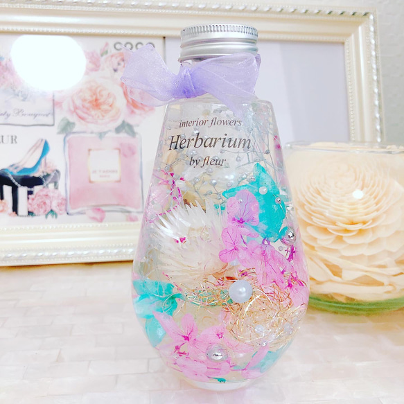 ピンク水色カラフルフラワーハーバリウム♡メッセージ名入れ可能