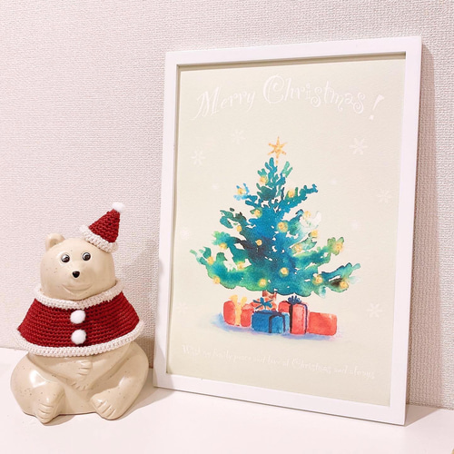 透明水彩画 ミニカード「くまちゃんのクリスマス」クリスマス