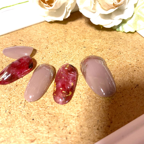 04*】赤べっ甲 ミラーネイル 金箔ネイル くすみピンク ネイルチップ