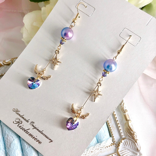 再販】ヴィトレイルライト 虹色クリスタルガラスのハートピアス