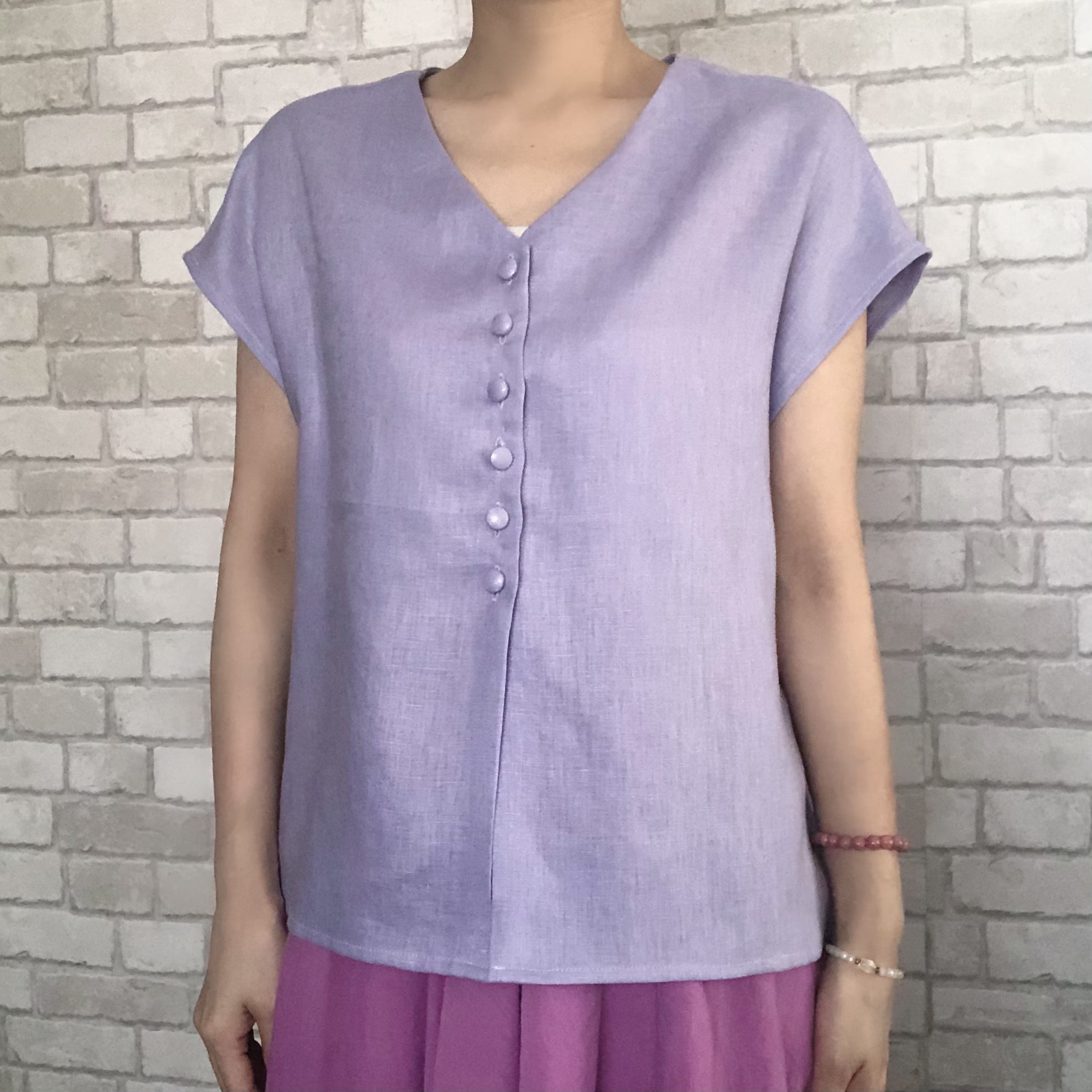 ■柔らかめフレンチリネン100%■■/ゆったりくるみボタンブラウス...(ラベンダー)