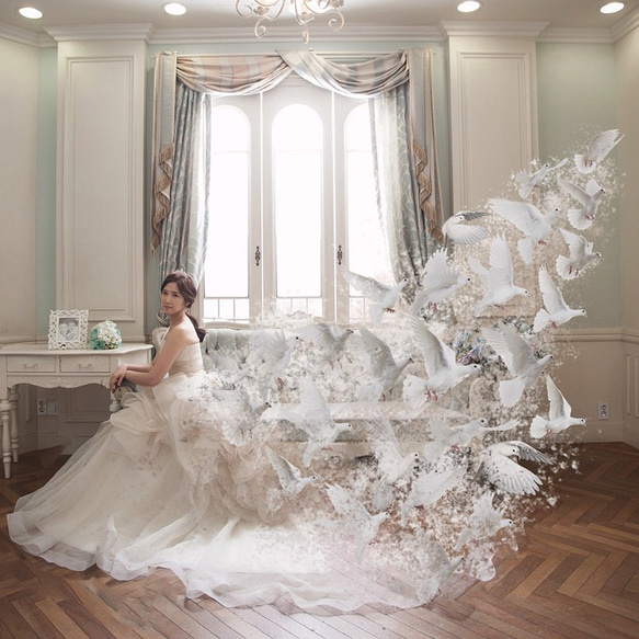 (先着10名様限定価格)幸運の象徴である白い鳩をウエディングドレスから飛び立たせます (ウェルカムボード・結婚記念) 5枚目の画像