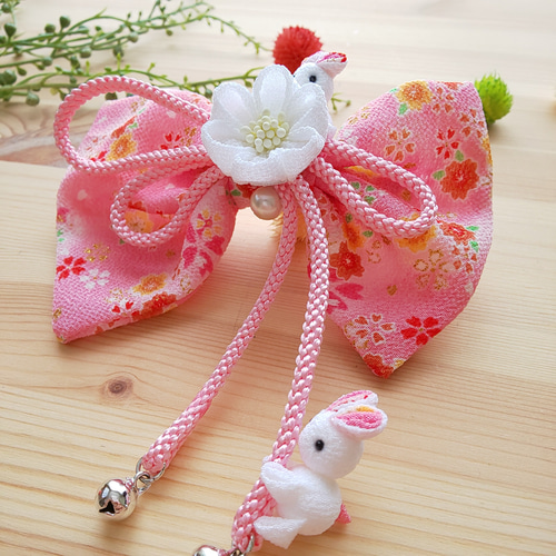 うさぎが遊ぶ 七五三髪飾り 3歳 ピンク リボン 着物 和装【つまみ細工
