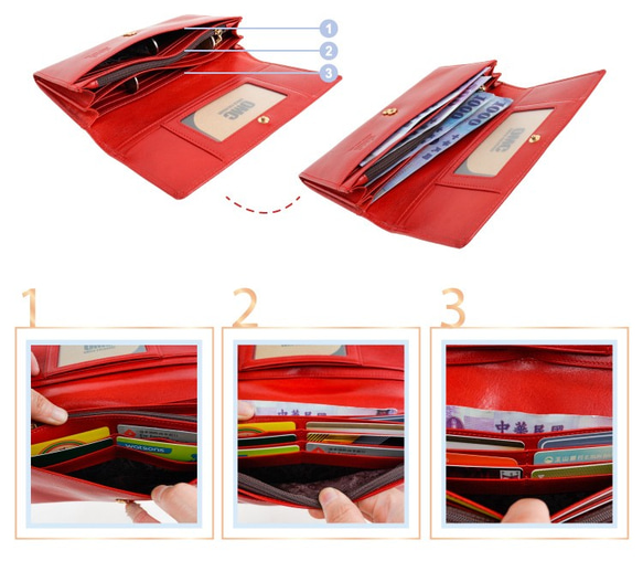 【OMC】16卡1照義大利植鞣革多夾層收納牛皮長夾(95113紅色) 第6張的照片