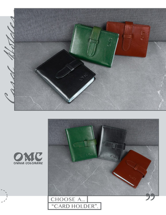 【OMC】直式植鞣革舌片插扣牛皮名片夾(95042綠色) 第2張的照片