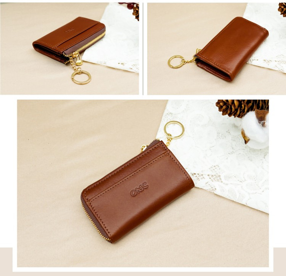 【OMC】義大利植鞣革L型拉鍊牛皮卡片鑰匙零錢包(95016棕色) 第3張的照片