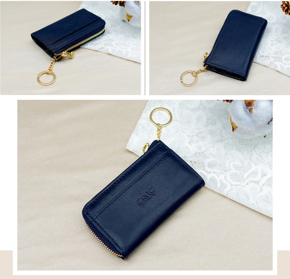 【OMC】義大利植鞣革L型拉鍊牛皮卡片鑰匙零錢包(95016深藍) 第3張的照片