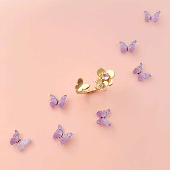 [10種天然寶石可供選擇]蝴蝶飛向花朵的開口環珍珠粉紅電氣石黃水晶 第3張的照片