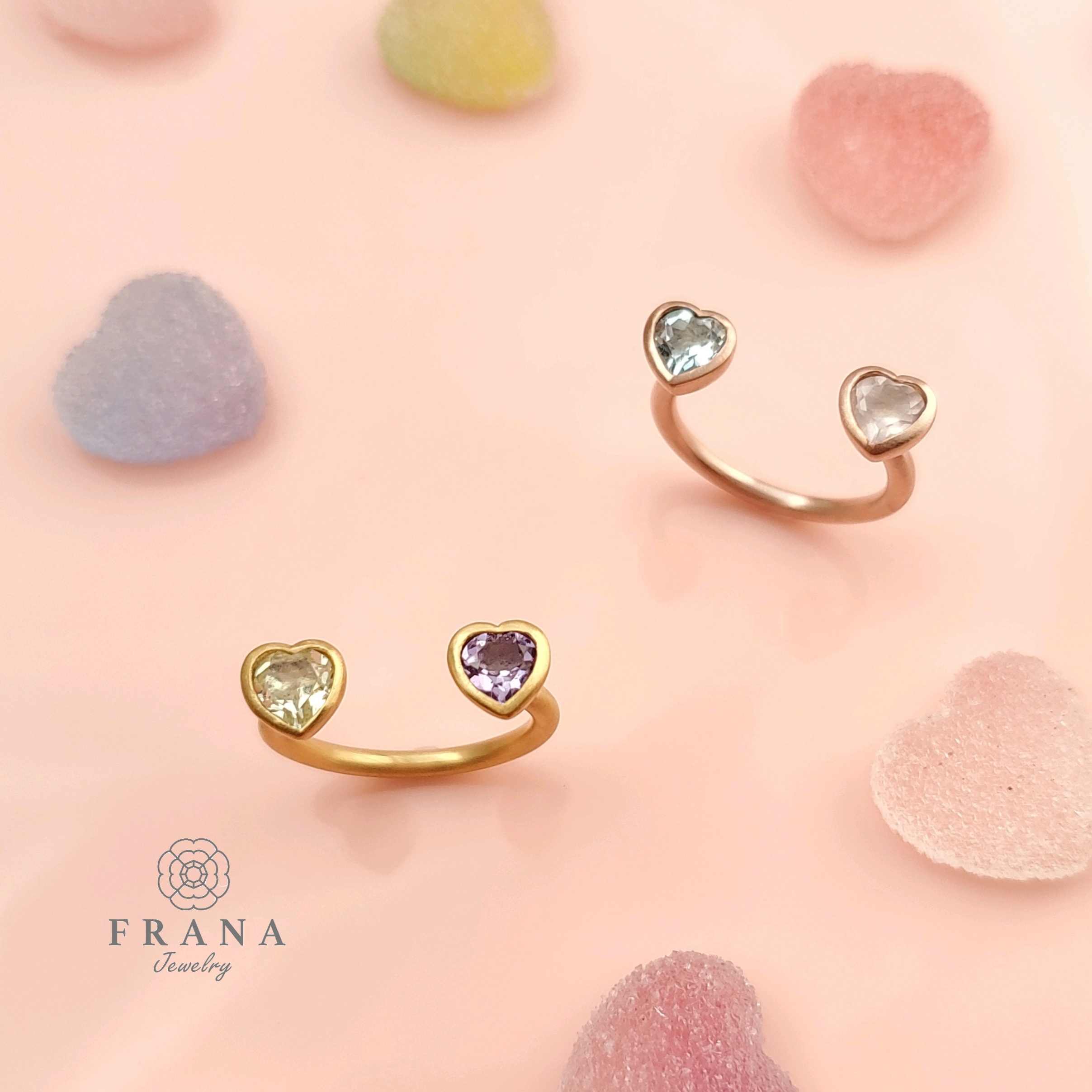 【選べる10種の天然石】ダブルハートのオープンリング＊オパール　ピンクトルマリン　ローズクォーツ　アメジスト
