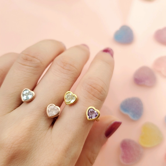 【11種天然寶石可供選擇】雙心開口戒指*蛋白石、粉紅碧璽、薔薇石英、紫水晶 第2張的照片