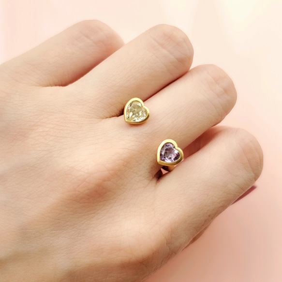 【11種天然寶石可供選擇】雙心開口戒指*蛋白石、粉紅碧璽、薔薇石英、紫水晶 第7張的照片