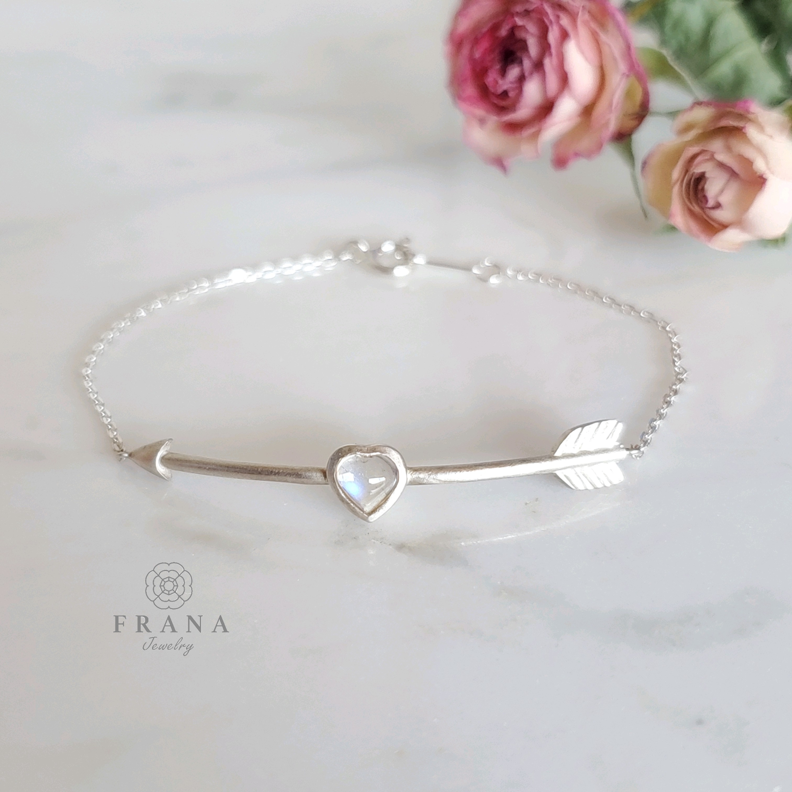 【選べる10種の天然石】ハートアローブレスレット＊オパール　ピンクトルマリン　ガーネット　ローズクォーツ