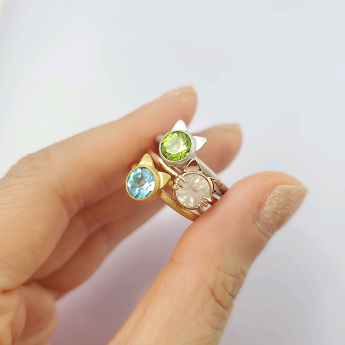 まるまる猫ちゃんの天然石リング【選べる天然石】ローズクォーツ