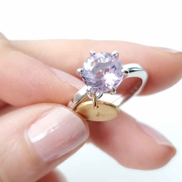 [六種天然寶石可供選擇] 柔和的彩色天然石爪環（刻有姓名首字母和數字）*粉紅紫水晶（二月生日石） 第4張的照片