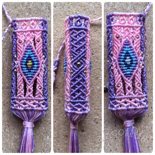 ローズクォーツ】マクラメライターケース S ベビーピンク×ラベンダー  