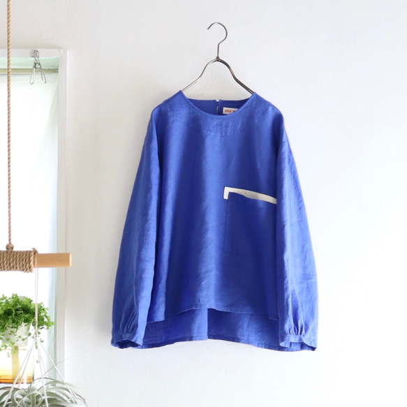 french linen chest pocket top (cobalt blue) 1枚目の画像