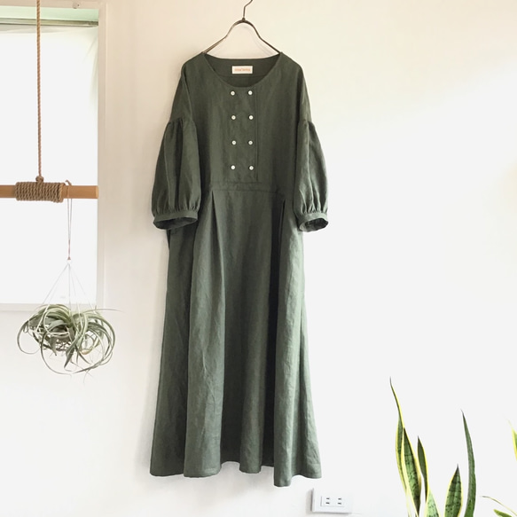 french linen W-button dress (khaki) 3枚目の画像