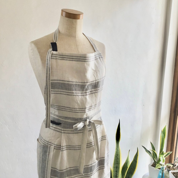 linen apron & cloth (natural stripe) 3枚目の画像