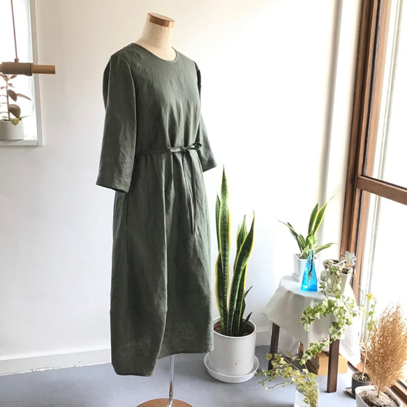 french linen balloon dress (khaki) 3枚目の画像