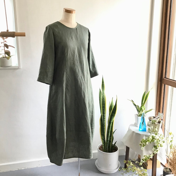 french linen balloon dress (khaki) 9枚目の画像