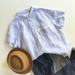 chibi-collar half-sleeve shirt  (blue stripe x white B) 3枚目の画像