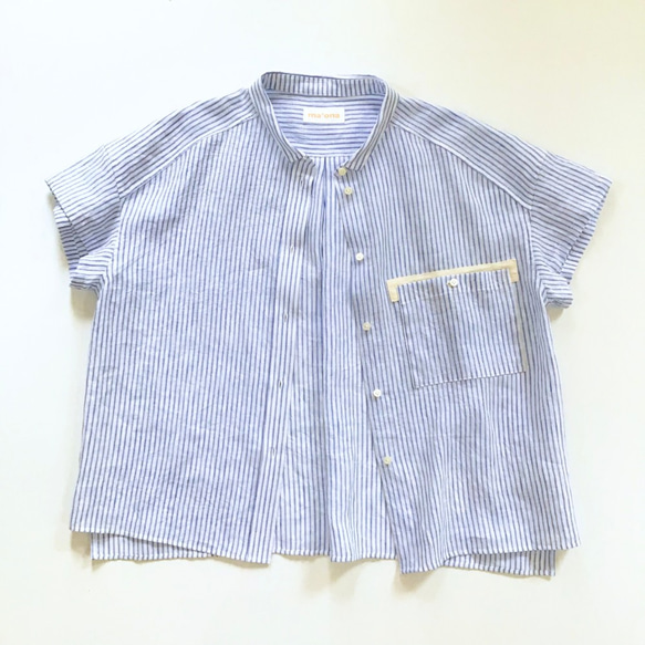 chibi-collar half-sleeve shirt  (blue stripe x white B) 4枚目の画像