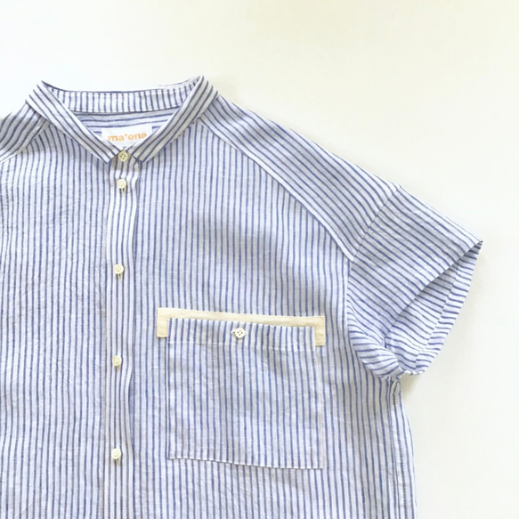 chibi-collar half-sleeve shirt  (blue stripe x white B) 6枚目の画像