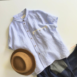 chibi-collar half-sleeve shirt  (blue stripe x brown B) 3枚目の画像