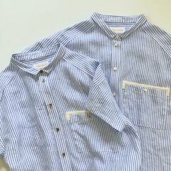 chibi-collar half-sleeve shirt  (blue stripe x brown B) 4枚目の画像