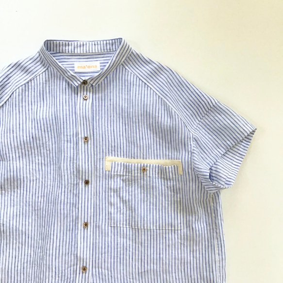 chibi-collar half-sleeve shirt  (blue stripe x brown B) 6枚目の画像