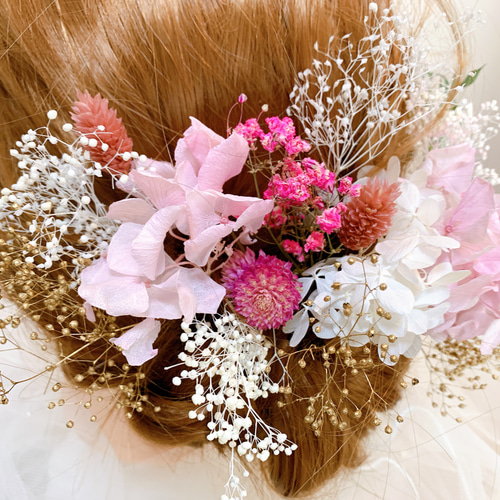 ✴︎ドライフラワー髪飾り✴︎ピンク紫陽花ゴールドかすみ草和装