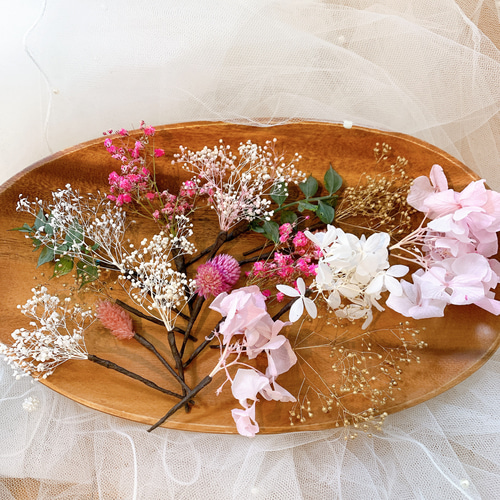 ✴︎ドライフラワー髪飾り✴︎ピンク紫陽花ゴールドかすみ草和装
