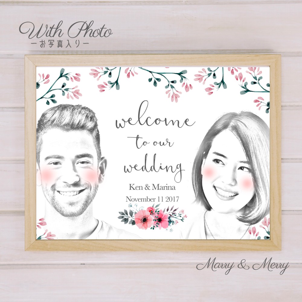 ◇◆パネル印刷対応◆◇〜ナチュラルフラワー〜スケッチ風モノクロフォト入りウェルカムボード