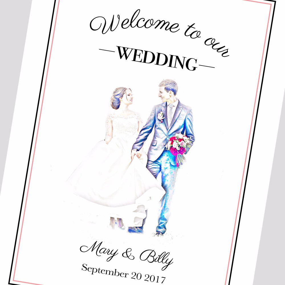 ◇◆パネル印刷対応◆◇クラシックシンプルピンクスケッチ風フォト入りウェルカムボード