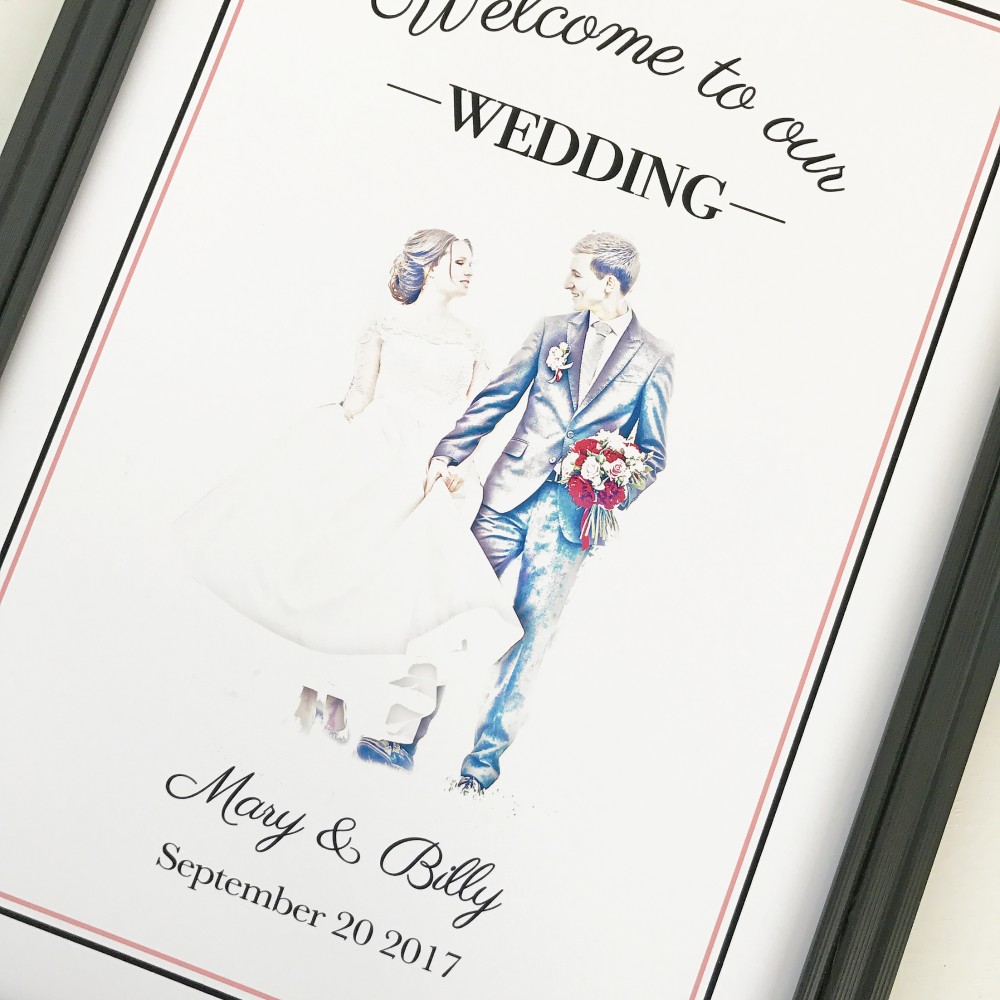 ◇◆パネル印刷対応◆◇クラシックシンプルピンクスケッチ風フォト入りウェルカムボード