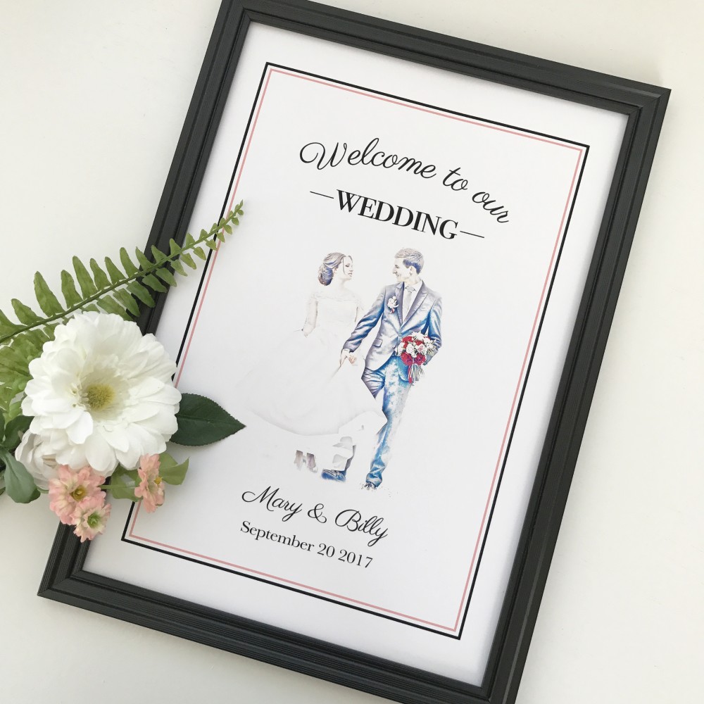 ◇◆パネル印刷対応◆◇クラシックシンプルピンクスケッチ風フォト入りウェルカムボード