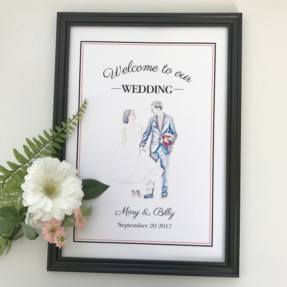 ◇◆パネル印刷対応◆◇クラシックシンプルピンクスケッチ風フォト入りウェルカムボード