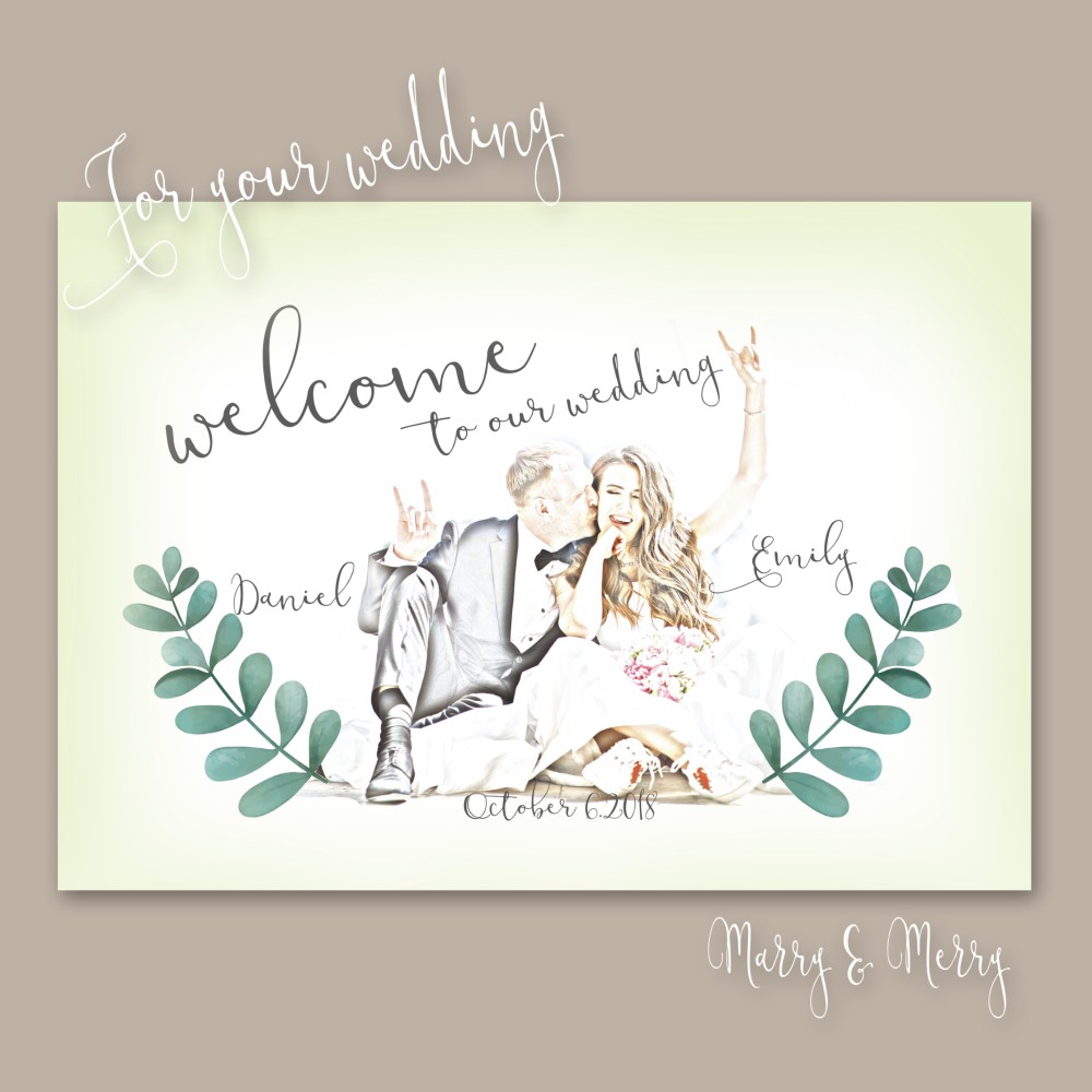 ◇◆パネル印刷対応◆◇スケッチ風フォト入りグリーンリーフウェルカムボード