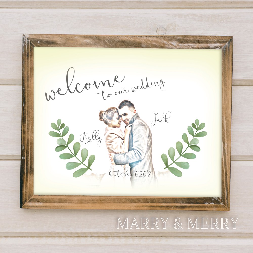 ◇◆パネル印刷対応◆◇スケッチ風フォト入りライトグリーンリーフウェルカムボード