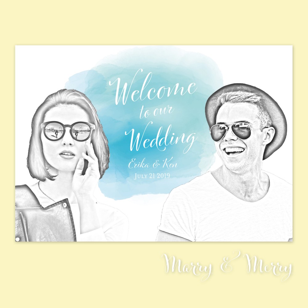 ◇◆パネル印刷対応◆◇モノクロスケッチ風フォト入り♡水彩ブルーウェルカムボード