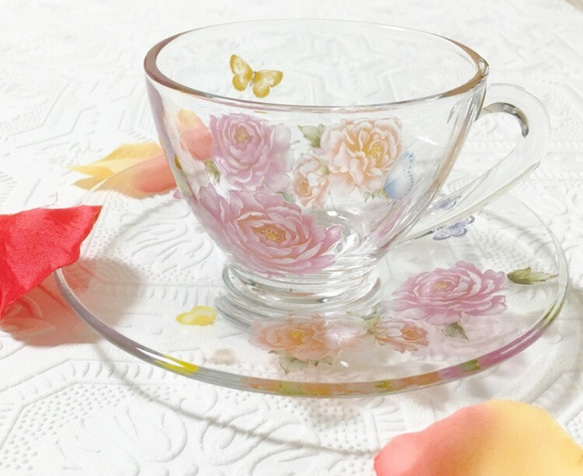 [再次上架]華麗牡丹的玻璃杯碟♡ 第1張的照片