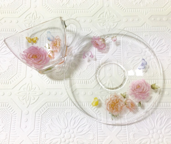 [再次上架]華麗牡丹的玻璃杯碟♡ 第3張的照片