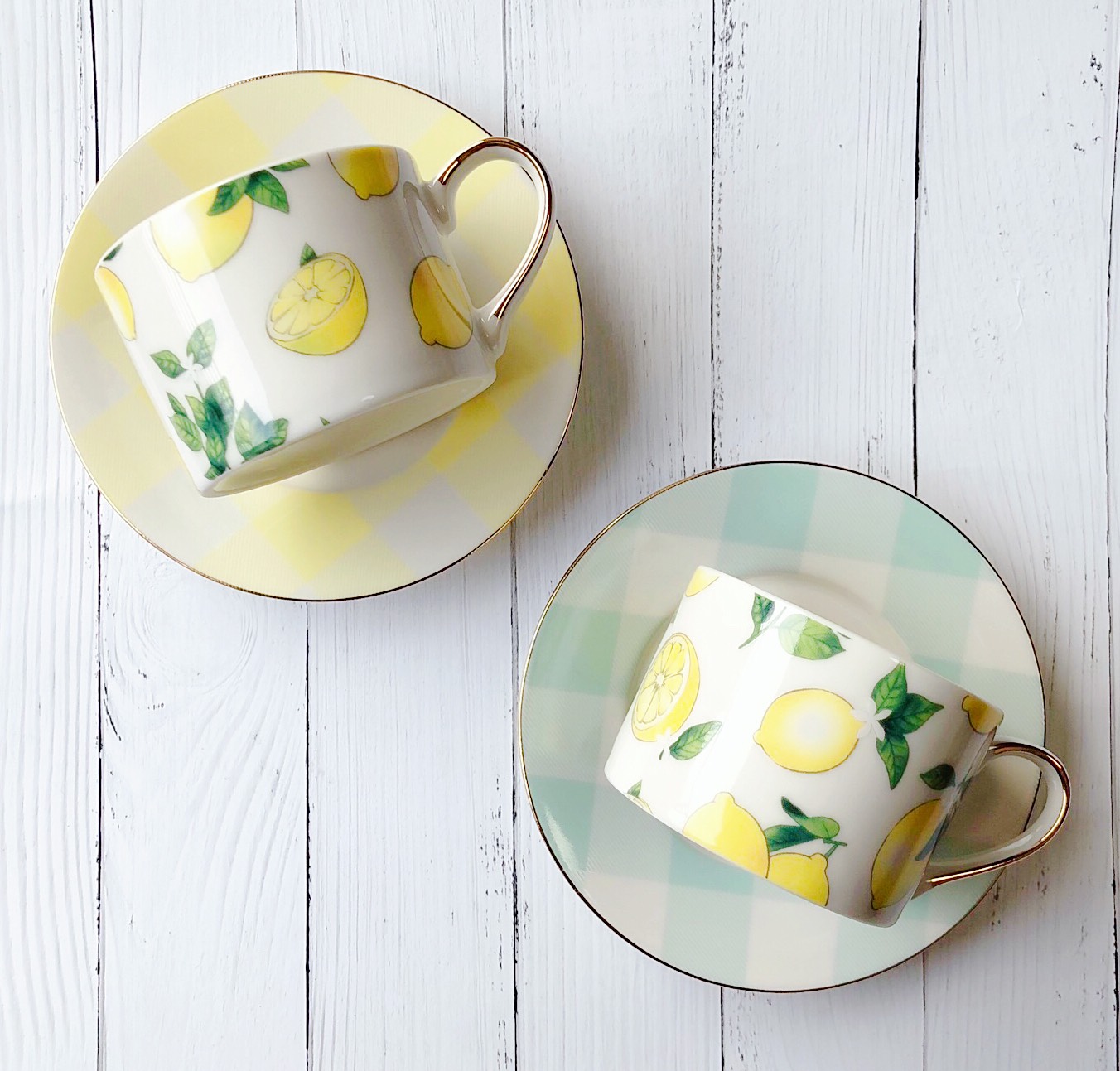 【Creema限定プレゼント付♡春の福袋】ブロックチェック×レモンのカップ&ソーサー2客セット